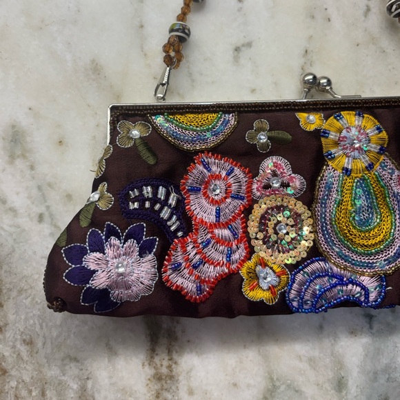 Vintage Brown Satin Beautiful Beaded Floral Bag - Picture 3 of 7